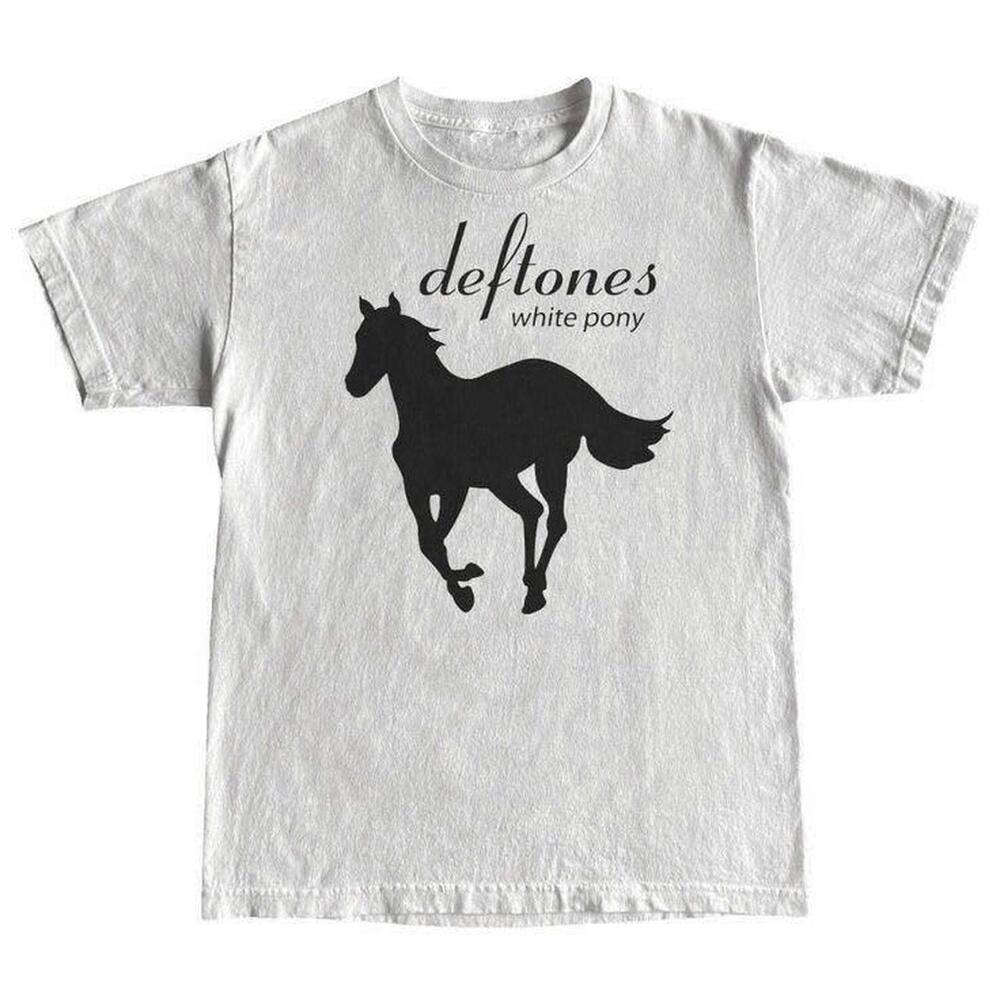 White Deftones Tee With Black Horse Design